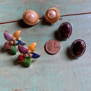 60s Clip On Earrings - Mahogany Obsidian - Enameled - Pearl  Mid-Century Modern